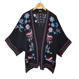 Curations Embroidered Gauze Kimono Topper Cardigan Jacket Boho Floral Black M/L